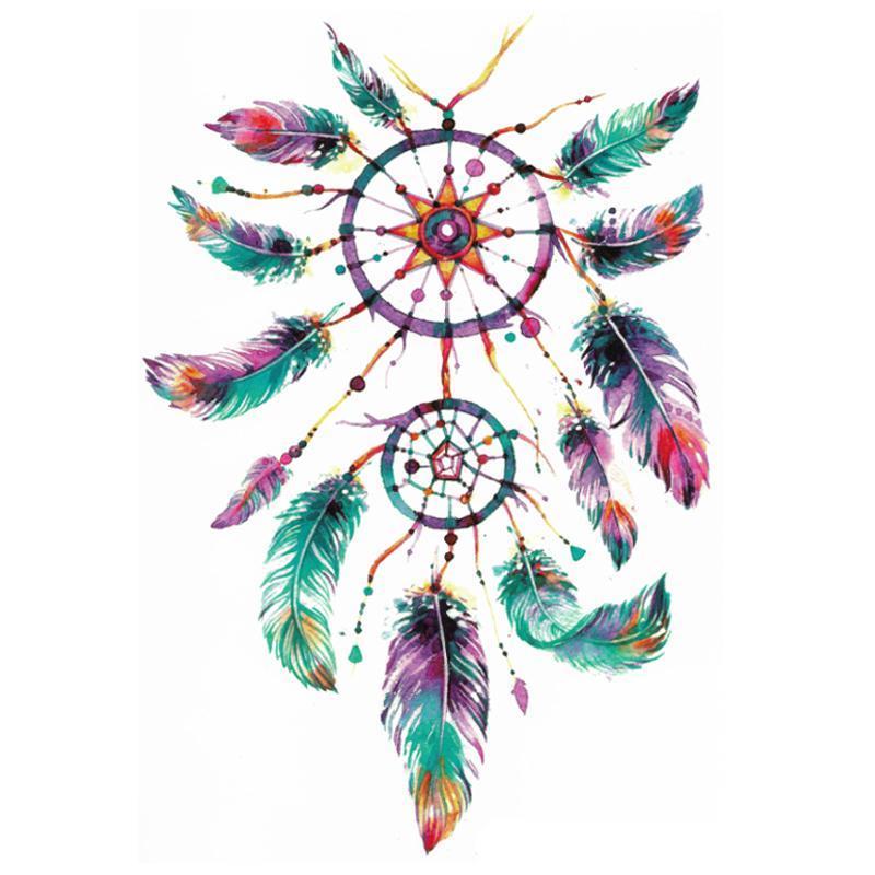Tatouage éphémère temporaire attrapes rèves plumes multicolores rosace etoile
