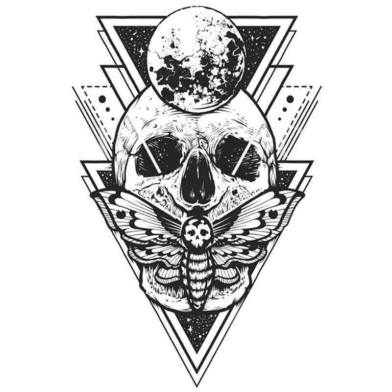Tatouage éphémère temporaire tete de mort crane skull lune papillon géométrique