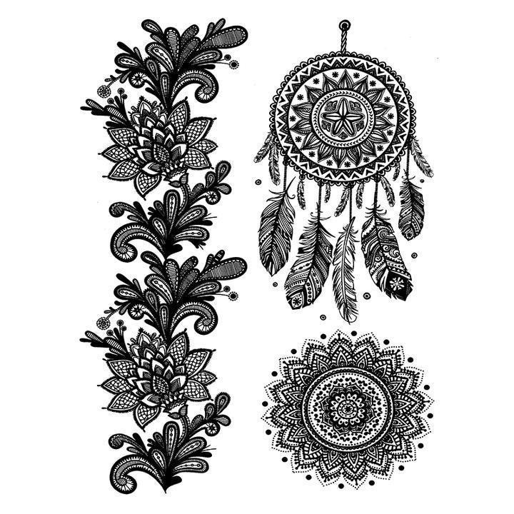 Tatouage éphémère temporaire attrapes rêves rosace fleurs