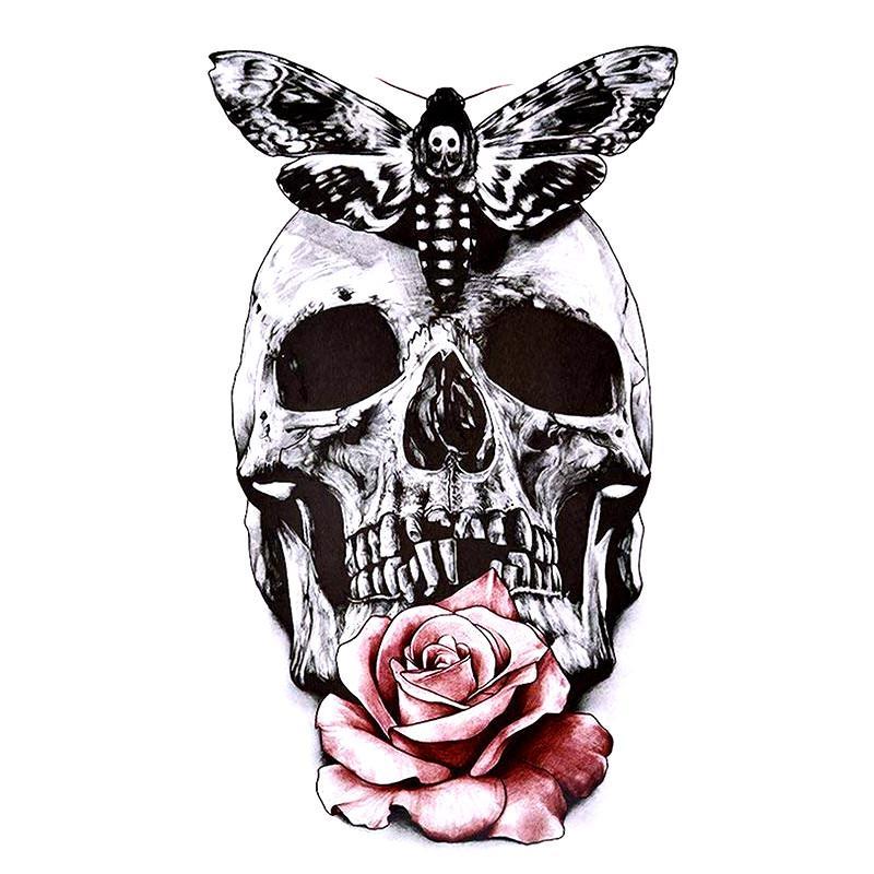 tatouage ephemere tete de mort papillon rose