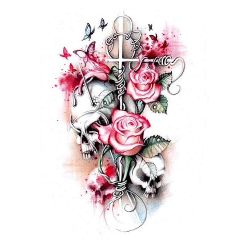 tatouage tete de mort rose femme jambe