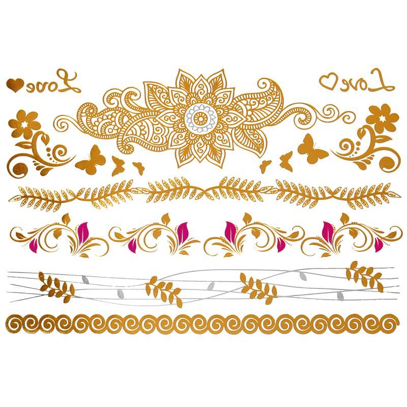 Tatouage éphémère temporaire doré argent hindi fleurs bracelets coeurs