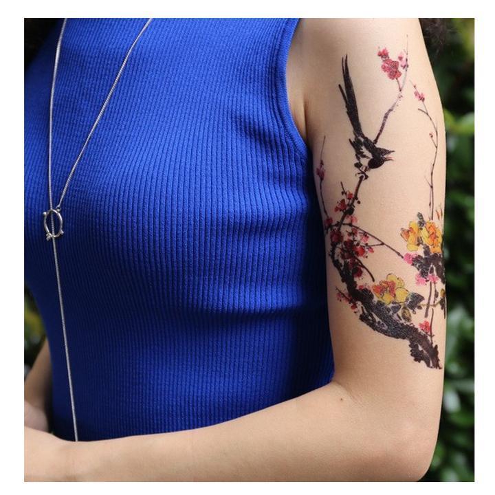 Tatouage éphémère temporaire asiatique arbre prunier fleur oiseau