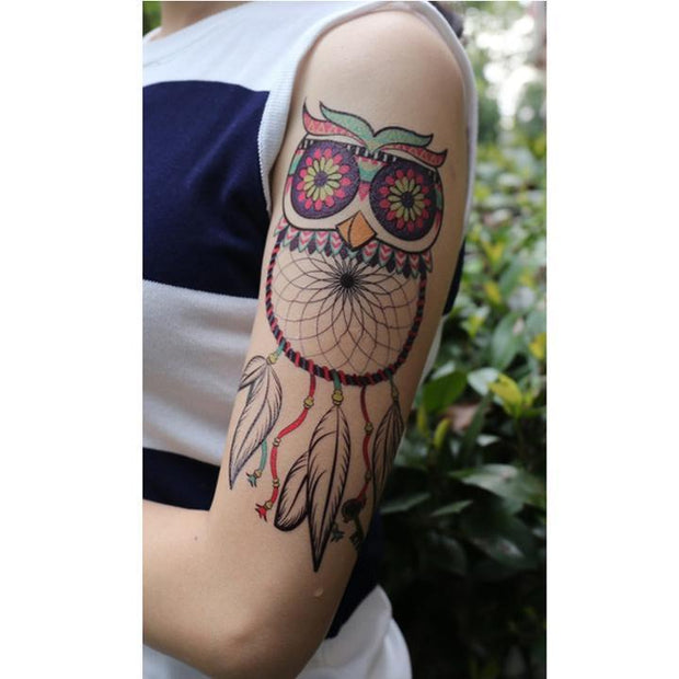 Tatouage éphémère temporaire attrapes rêves oiseau hibou multicolores
