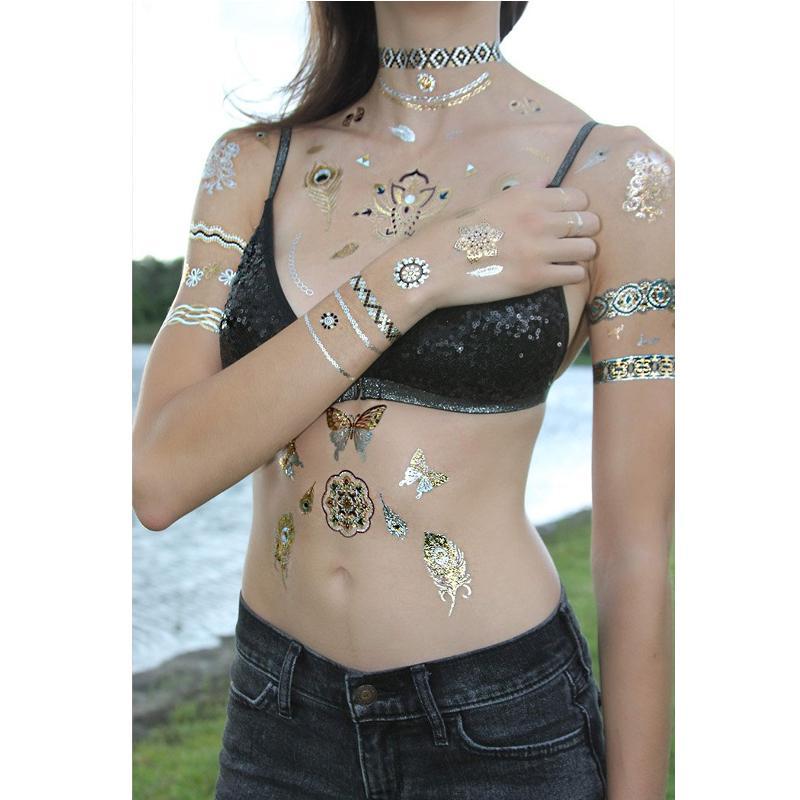 Tatouage éphémère temporaire doré argent art islamique lotus main fatma croissant