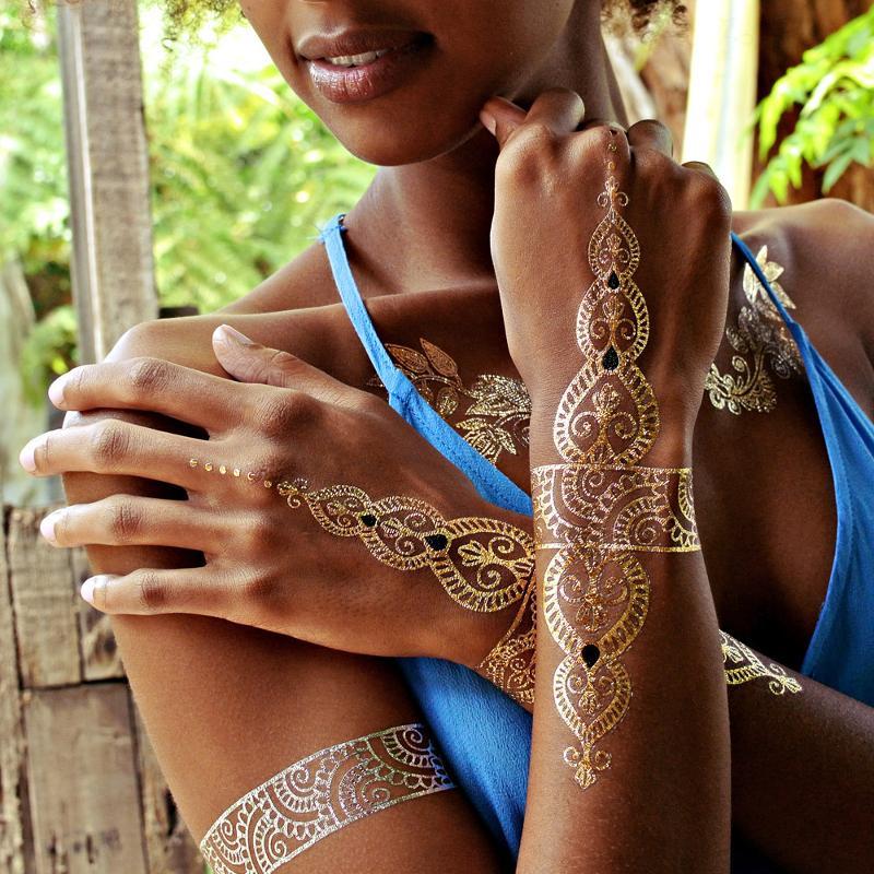 Tatouage éphémère temporaire doré argent chaîne collier bracelets