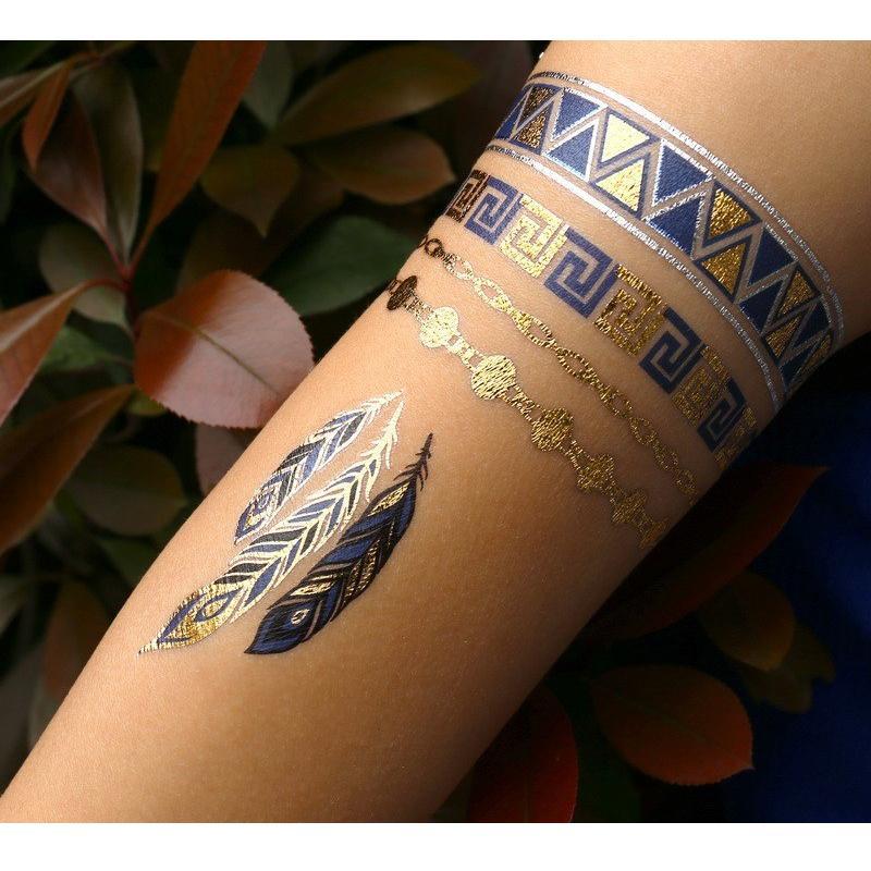 Tatouage éphémère temporaire doré argent habibti rosace plumes bijoux bracelets