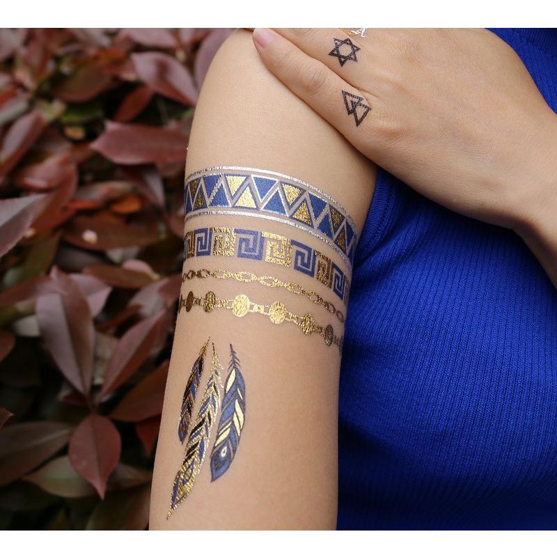 Tatouage éphémère temporaire doré argent habibti rosace plumes bijoux bracelets