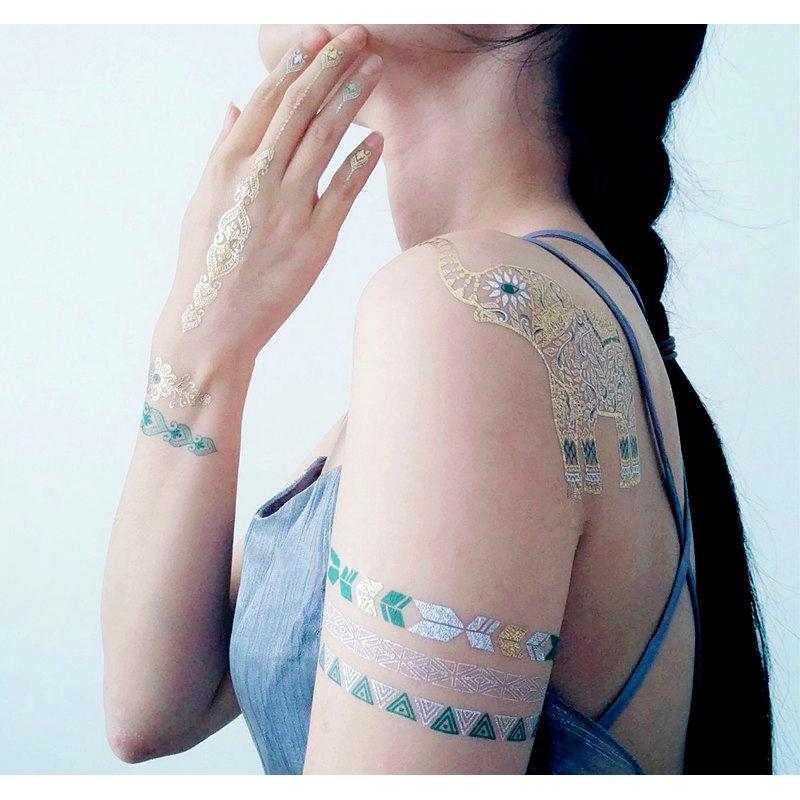 Tatouage éphémère temporaire doré argent inde éléphant bijoux bracelets fleurs2