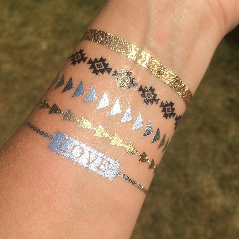 Tatouage éphémère temporaire doré argent plumes main fatma love bracelets bijoux 