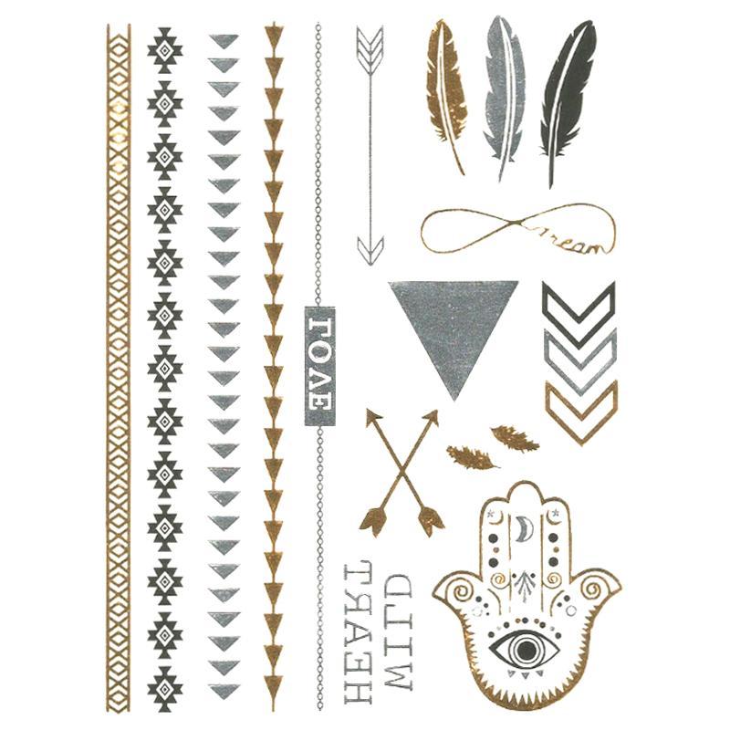 Tatouage éphémère temporaire doré argent plumes main fatma love bracelets bijoux 